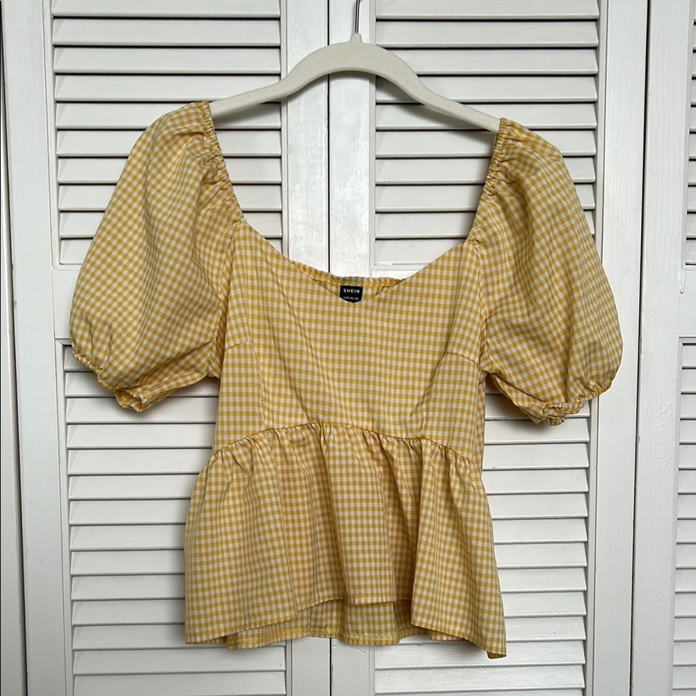 Yellow Peplum Puff Sleeve Blouse
